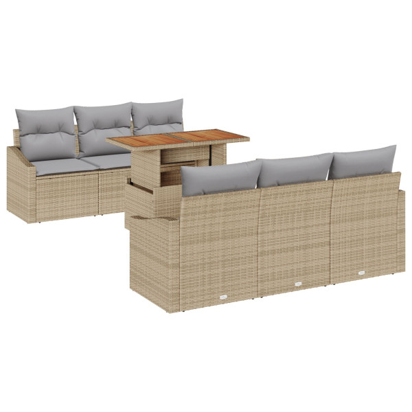 Conjunto de Comedor de Jardín de 7 Piezas con Cojines Ratán Poli Beige Acacia M 2