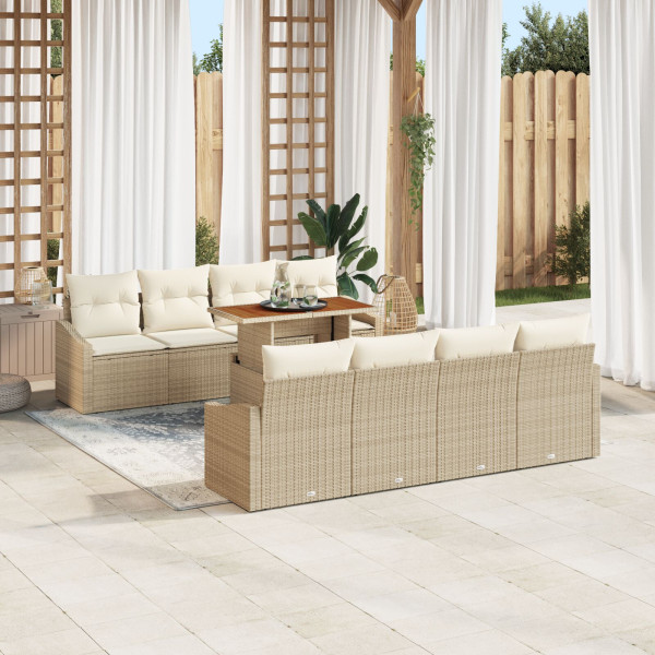 Set de Comedor de Jardín de 9 Piezas con Cojines Beige Rattan Acacia D