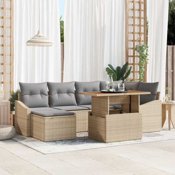 Conjunto de Comedor para Jardín de 7 Piezas con Cojines Beige Poliratán Acacia D