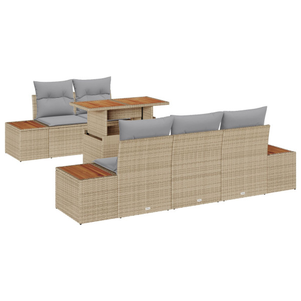 Conjunto de Comedor de Jardín de 6 Piezas con Cojines Beige Poliratán Acacia M 2