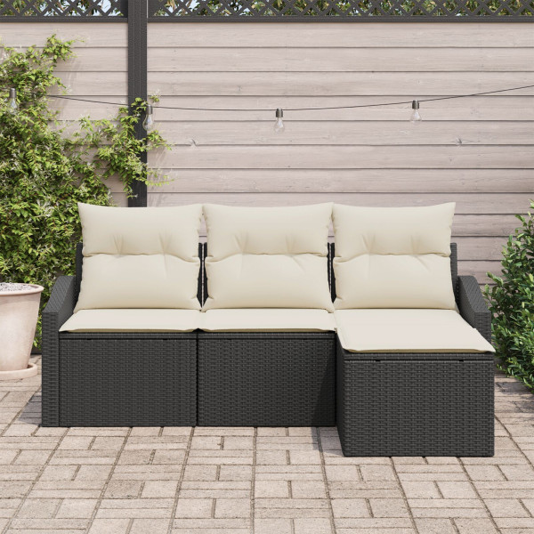 Conjunto de Sofá de Jardim com 4 Peças e Almofadas Preto Rattan Polipropileno M 3