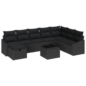 Conjunto de Sofá de Jardim de 9 Peças com Almofadas Rattan Preto H