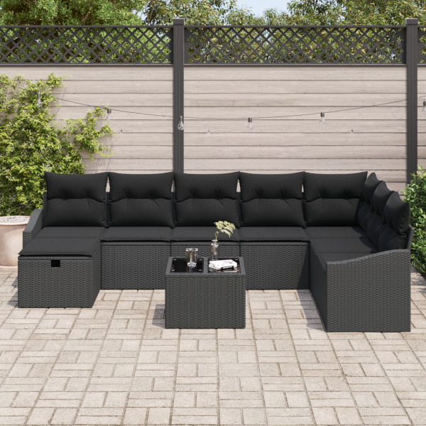 Conjunto de Sofá de Jardim de 9 Peças com Almofadas Rattan Preto M 3