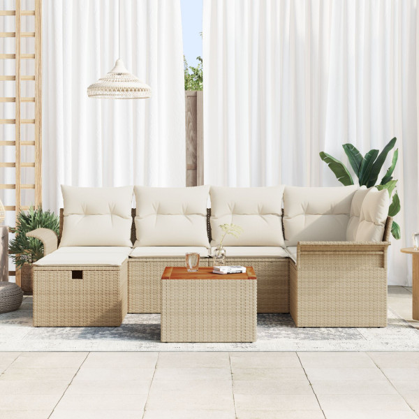 Conjunto de Sofá de Jardim 7 Peças com Almofadas Bege Rattan PE M 3