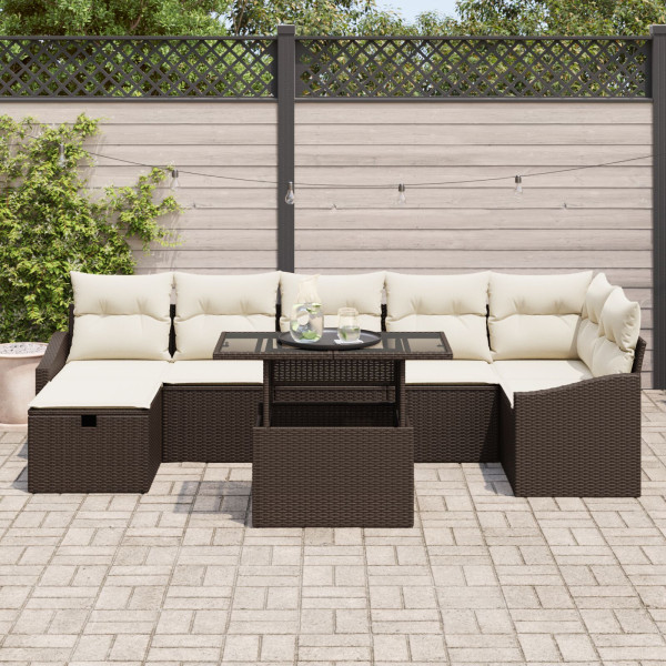 Conjunto de Sofá de Jardim de 8 Peças com Almofadas Castanho Rattan Polietileno M 3