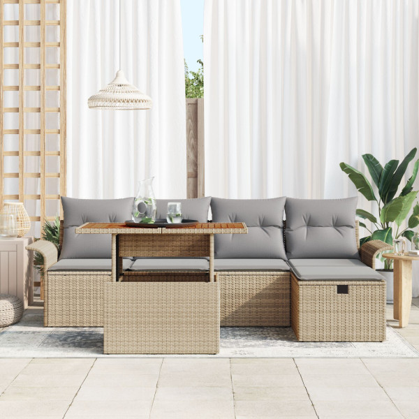 Conjunto de Sofá de Jardim de 6 Peças com Almofadas Beges de Rattan Poli M 3