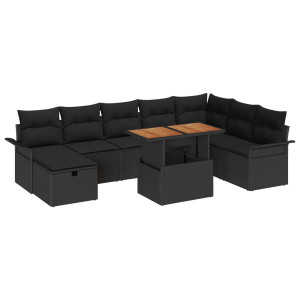 Conjunto de Sofá de Jardim de 9 Peças com Almofadas Preto de Rattan H