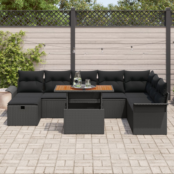 Conjunto de Sofá de Jardim de 9 Peças com Almofadas Preto de Rattan M 3