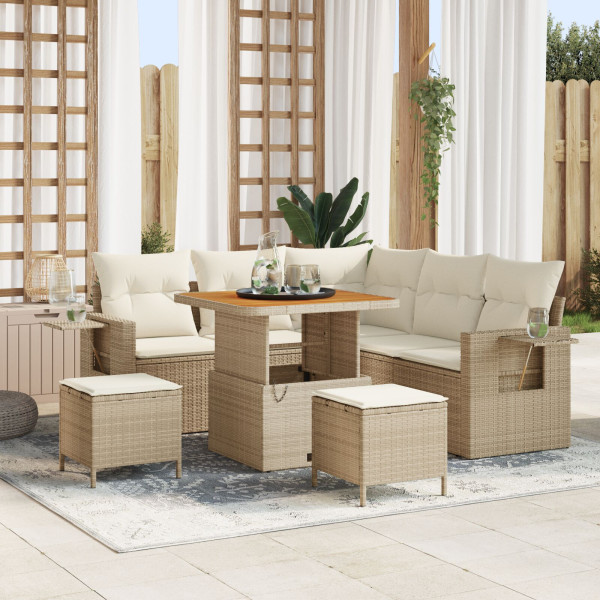 Conjunto de Sofá de Jardín de 8 Piezas con Cojines Ratán Beige Acacia.  Conjunto de Comedor de Jardín de 3 Piezas con Cojines Ra D