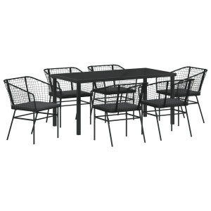 Conjunto de Jantar de Jardim com 7 Peças e Almofadas Pretas de Polirattan. H