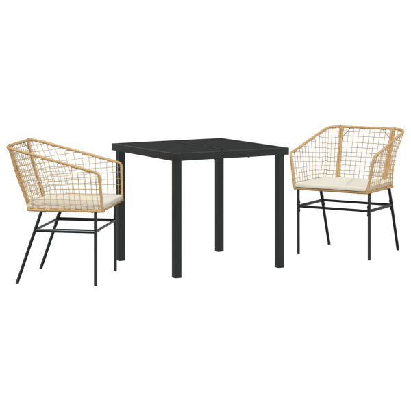 Conjunto de Jantar de Jardim 3 Peças com Almofadas de Rattan Castanho M 2