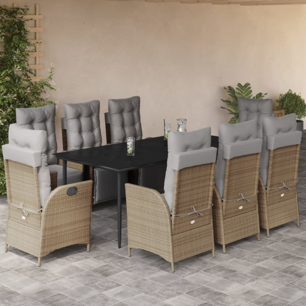 Set comedor de jardín 9 pzas con cojines ratán sintético beige D