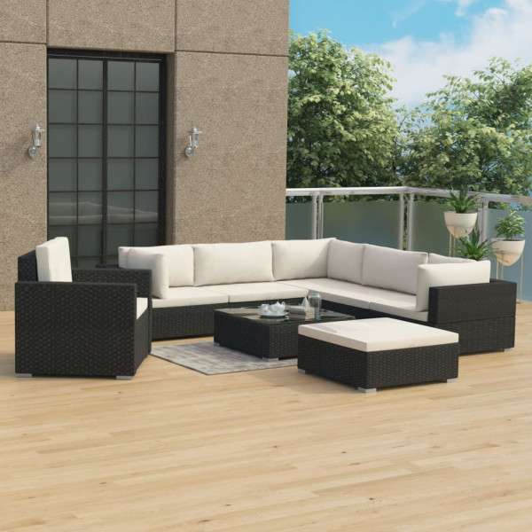 Set muebles de jardín 8 piezas y cojines ratán sintético negro D