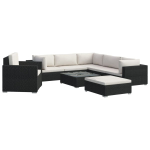 8 pcs conjunto lounge de jardim c/ almofadões vime PE preto H