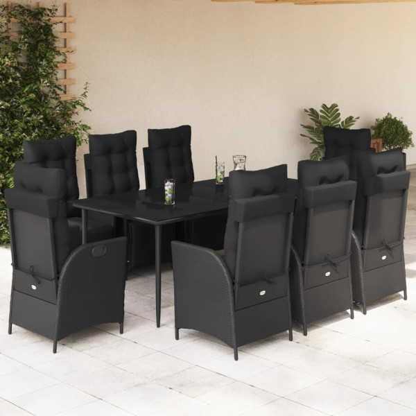 Set de comedor de jardín 9 pzas y cojines ratán sintético negro D