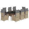 9 pcs conjunto de jantar p/ jardim com almofadões vime PE bege 2