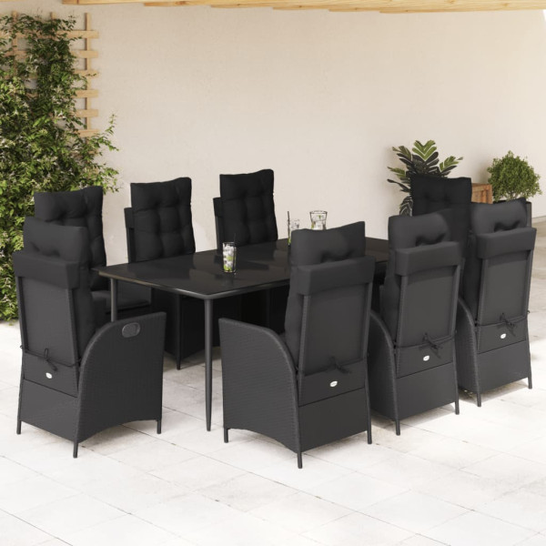 Set de comedor de jardín 9 pzas y cojines ratán sintético negro D