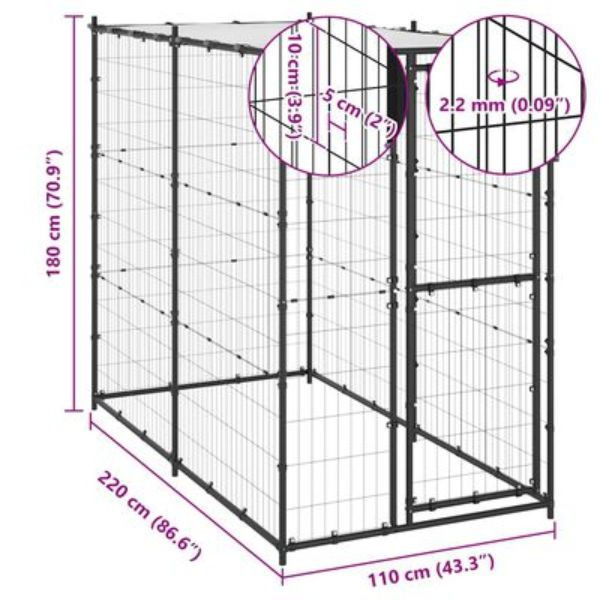 Perrera de exterior de acero con techo 110x220x180 cm M 6