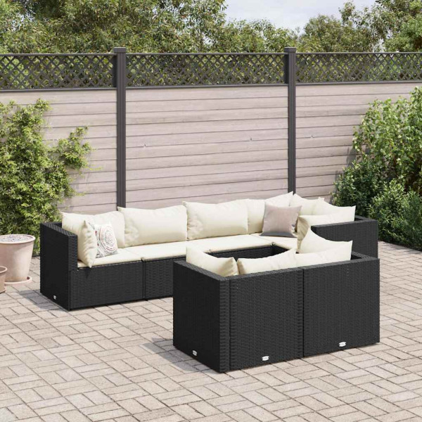7 pcs conjunto lounge de jardim c/ almofadões vime PE preto D