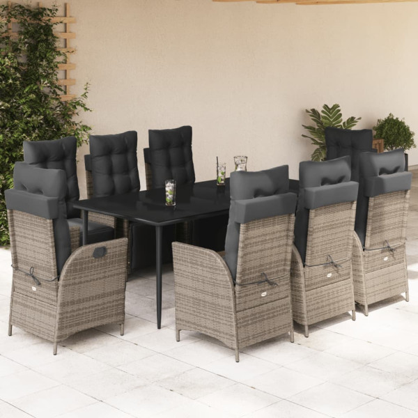 Set comedor jardín 9 pzas y cojines ratán sintético gris D