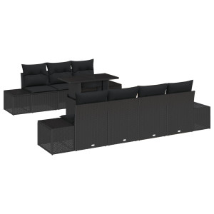 Conjunto de Sofás de Jardim de 8 Peças com Almofadas Preto Rattan Poliéster H