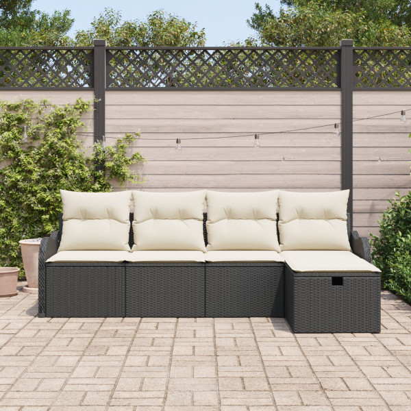 Conjunto de Sofás de Jardim  de 5 Peças com Almofadas Preto Rattan Poliéster M 3