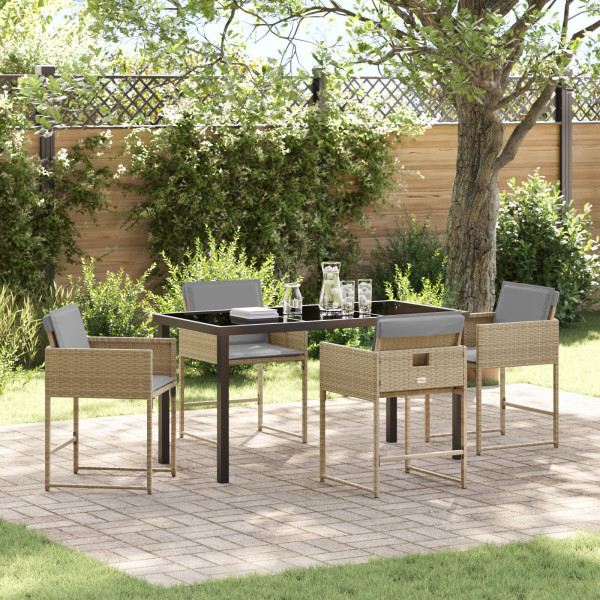 Conjunto de Comedor de Jardín de 5 Piezas con Cojines Beige Rattan Poliéster D
