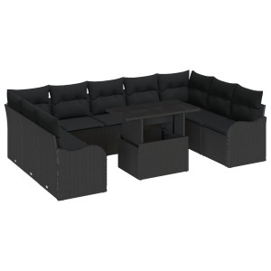Conjunto de Sofá de Jardim  de 10 Peças com Almofadas Pretas de Poli Rattan H