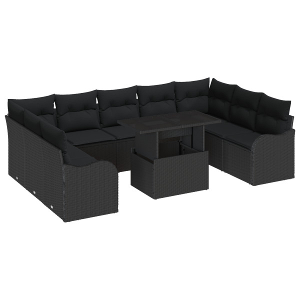 Conjunto de Sofá de Jardim  de 10 Peças com Almofadas Pretas de Poli Rattan M 2