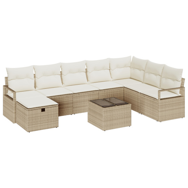 Conjunto de Sofás de Jardín de 9 Piezas con Cojines Beige Poli Rattan.  Sofá de Jardín de 2 Plazas con Cojines Beige Poli Rattan M 2