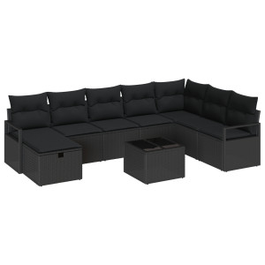 Conjunto de Sofá de Jardim  9 Peças com Almofadas Polyrattan Preto H