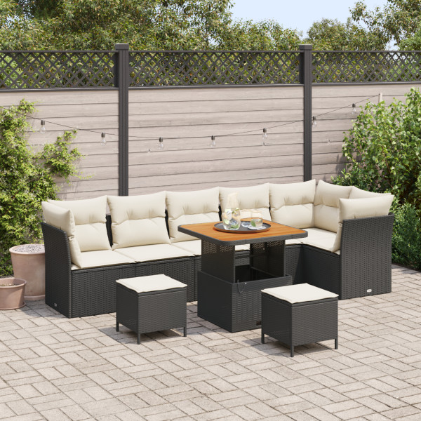 Set de Sofá de Jardín de 9 Piezas con Cojines Ratán Negro Poli Acacia. Set de Comedor de Jardín de 3 Piezas con Cojines Ratán Ne D