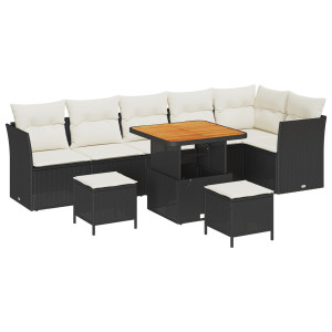 Set de Sofá de Jardín de 9 Piezas con Cojines Ratán Negro Poli Acacia. Set de Comedor de Jardín de 3 Piezas con Cojines Ratán Ne H