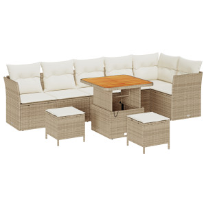 Juego de Sofá de Jardín de 9 Piezas con Cojines Beige Ratán Poliéster Acacia.  Juego de Comedor de Jardín de 3 Piezas con Cojine H