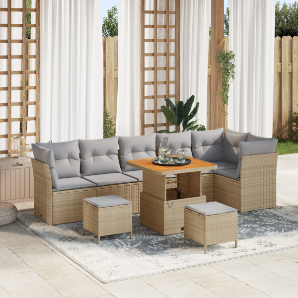 Conjunto de Sofá de Jardín de 9 Piezas  con Cojines Beige de Polirratan Acacia. Conjunto de Comedor de Jardín de 3 Piezas  con C D