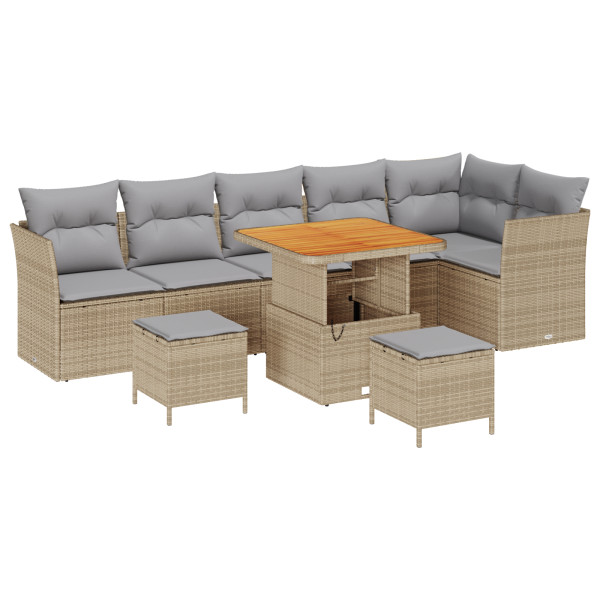Conjunto de Sofá de Jardín de 9 Piezas  con Cojines Beige de Polirratan Acacia. Conjunto de Comedor de Jardín de 3 Piezas  con C M 2