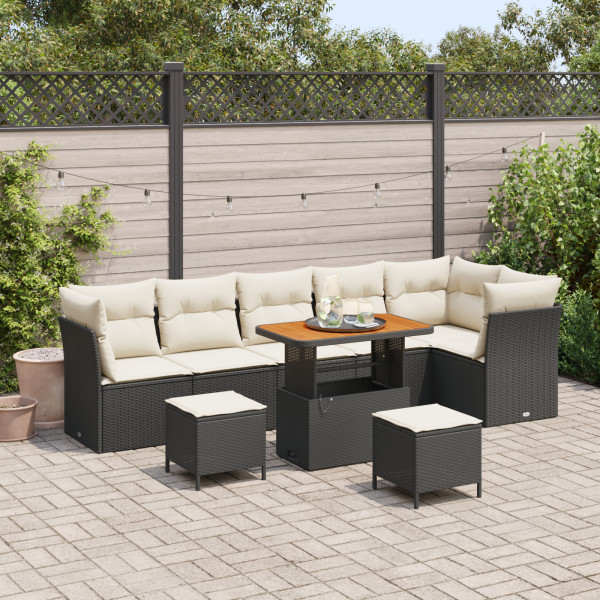 Conjunto de Sofás de Jardín  de 9 Piezas con Cojines Negro Poliratán Acacia. Conjunto de Comedor de Jardín  de 3 Piezas con Coji D