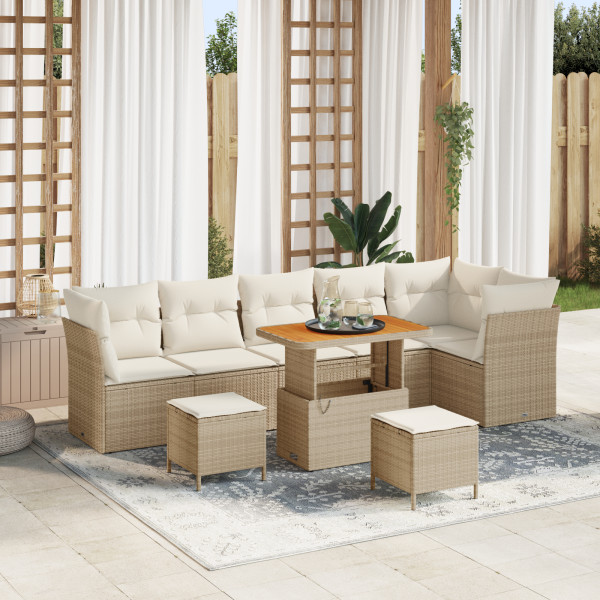 Conjunto de Sofá de Jardín  de 9 piezas con cojines Beige Ratán Poliéster Acacia. Conjunto de Comedor de Jardín  de 3 piezas con D