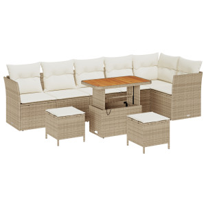 Conjunto de Sofá de Jardín  de 9 piezas con cojines Beige Ratán Poliéster Acacia. Conjunto de Comedor de Jardín  de 3 piezas con H