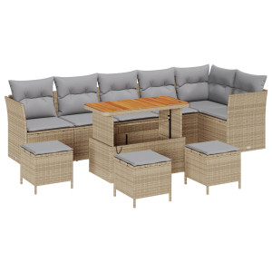 Conjunto Sofá Jardín 10 Piezas con Cojines Beige Ratán Acacia.  Conjunto Comedor Jardín 4 Piezas con Cojines Beige Ratán Acacia H