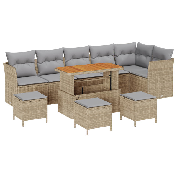 Conjunto Sofá Jardín 10 Piezas con Cojines Beige Ratán Acacia.  Conjunto Comedor Jardín 4 Piezas con Cojines Beige Ratán Acacia M 2