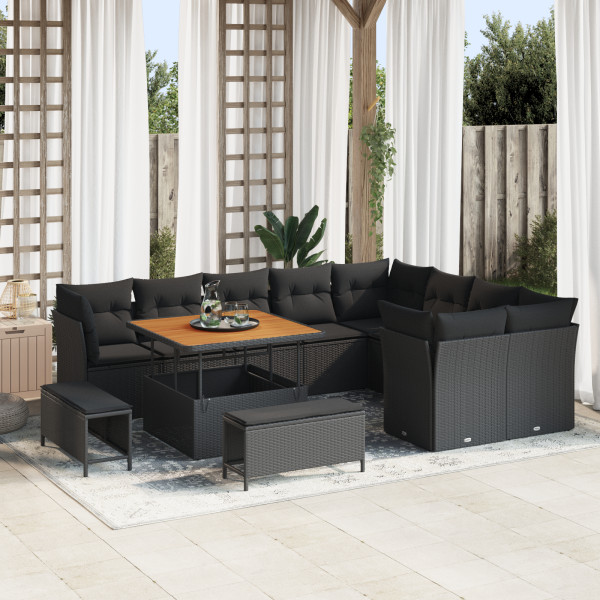 Conjunto de Sofá de Jardín de 12 Piezas  con Cojines Negro Poliratán Acacia. Conjunto de Comedor de Jardín de 3 Piezas  con Coji D