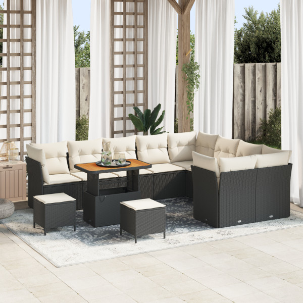 Set de Sofá de Jardín  de 12 Piezas con Cojines Negro Poliratán Acacia. Set de Comedor de Jardín  de 3 Piezas con Cojines Negro  D