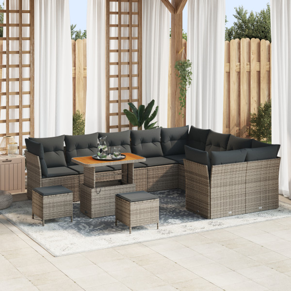 Conjunto de Sofás de Jardín  de 12 Piezas con Cojines Gris Poliratán Acacia. Conjunto de Comedor de Jardín  de 3 Piezas con Coji D