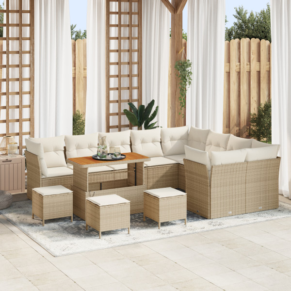 Juego de Sofá de Jardín de 13 piezas con cojines Beige Ratan Poliéster Acacia. Juego de Comedor de Jardín de 4 piezas con cojine D
