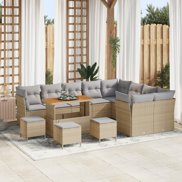 Conjunto de Sofá de Jardín  de 13 Piezas con Cojines Beige Ratán Poliéster. Conjunto de Comedor Jardín  de 4 Piezas con Cojines  D