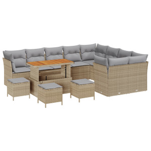 Conjunto de Sofá de Jardín  de 13 Piezas con Cojines Beige Ratán Poliéster. Conjunto de Comedor Jardín  de 4 Piezas con Cojines  H