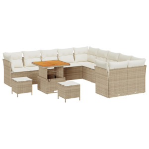 Conjunto de Sofá de Jardim de 13 Peças com Almofadas Beiges em Rattan Sintético e Acácia. H