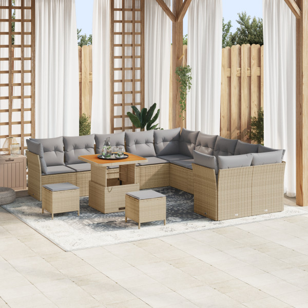 Conjunto de Sofás de Jardín de 13 Piezas con Cojines Beige Poliratán. Conjunto de Comedor de Jardín de 3 Piezas con Cojines Beig D