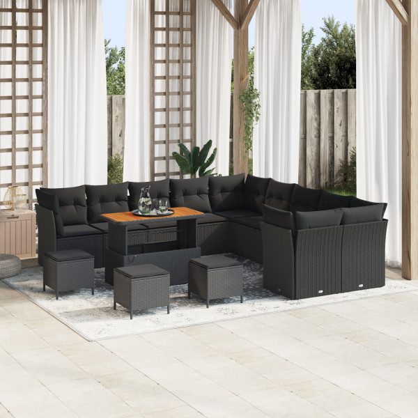 Set de Sofá de Jardín de 14 Piezas con Cojines Negro Poliratán Acacia. Set de Comedor de Jardín de 4 Piezas con Cojines Negro Po D